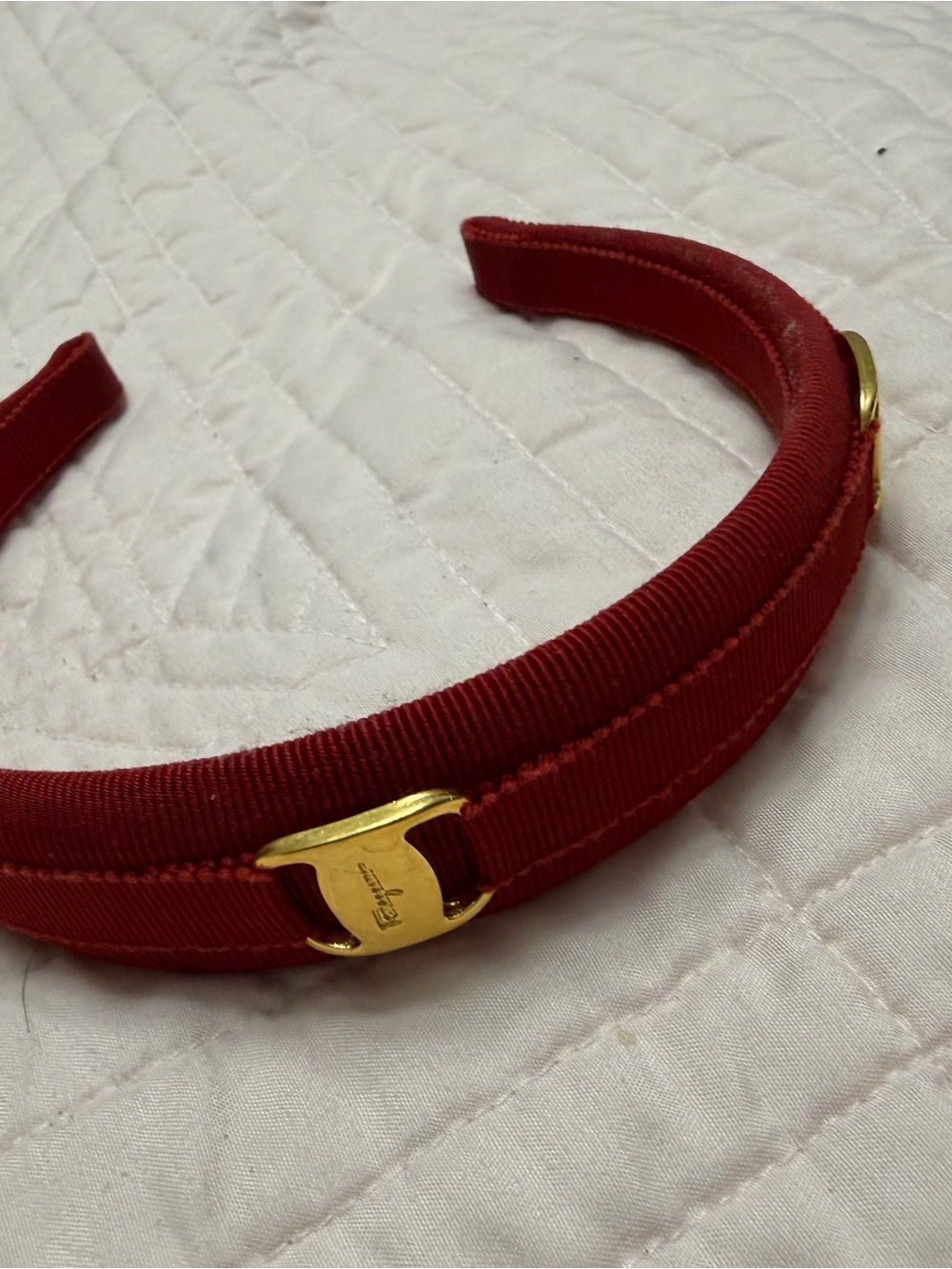 Salvatore Ferragamo Red Grosgrain Headband with Gold Logo Buckle
